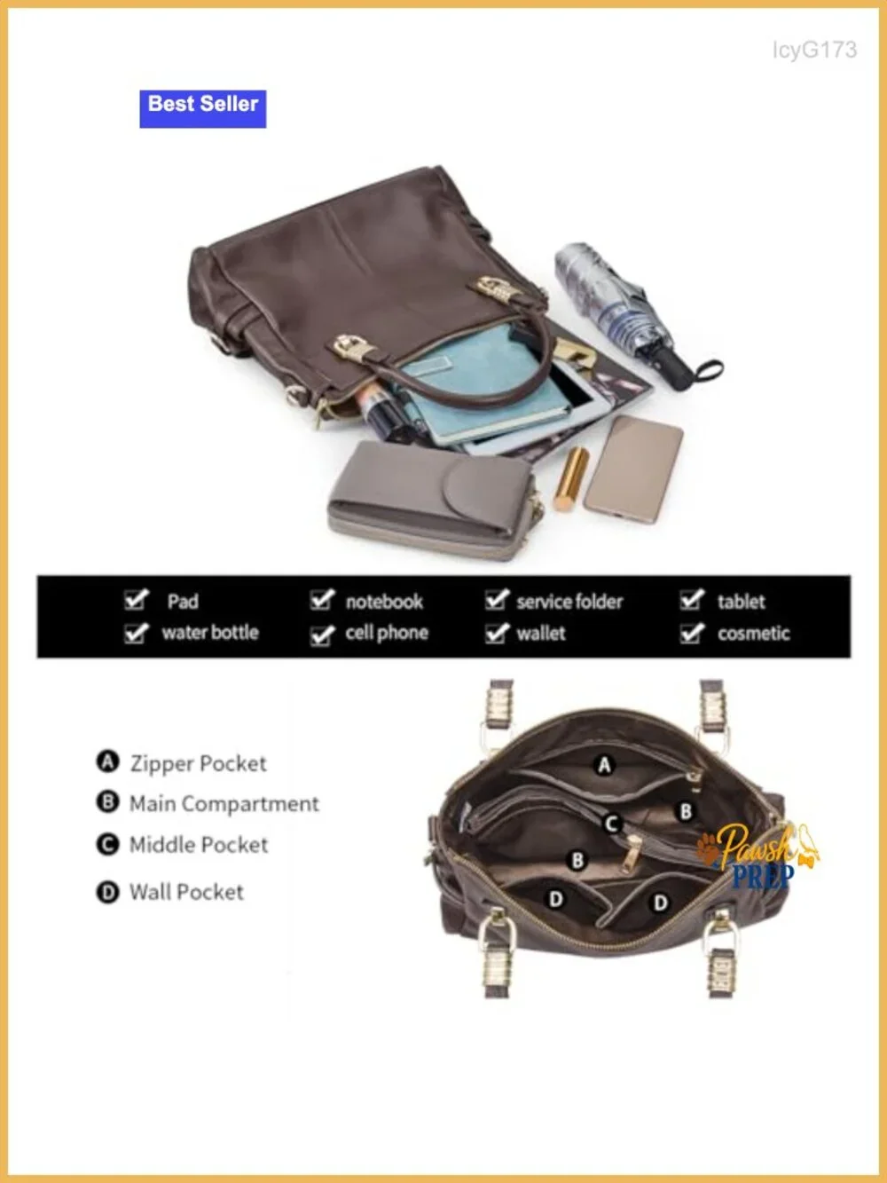 Top Grain Pebbled Cowhide Leather Satchel Tote Shoulder Bag with Pockets